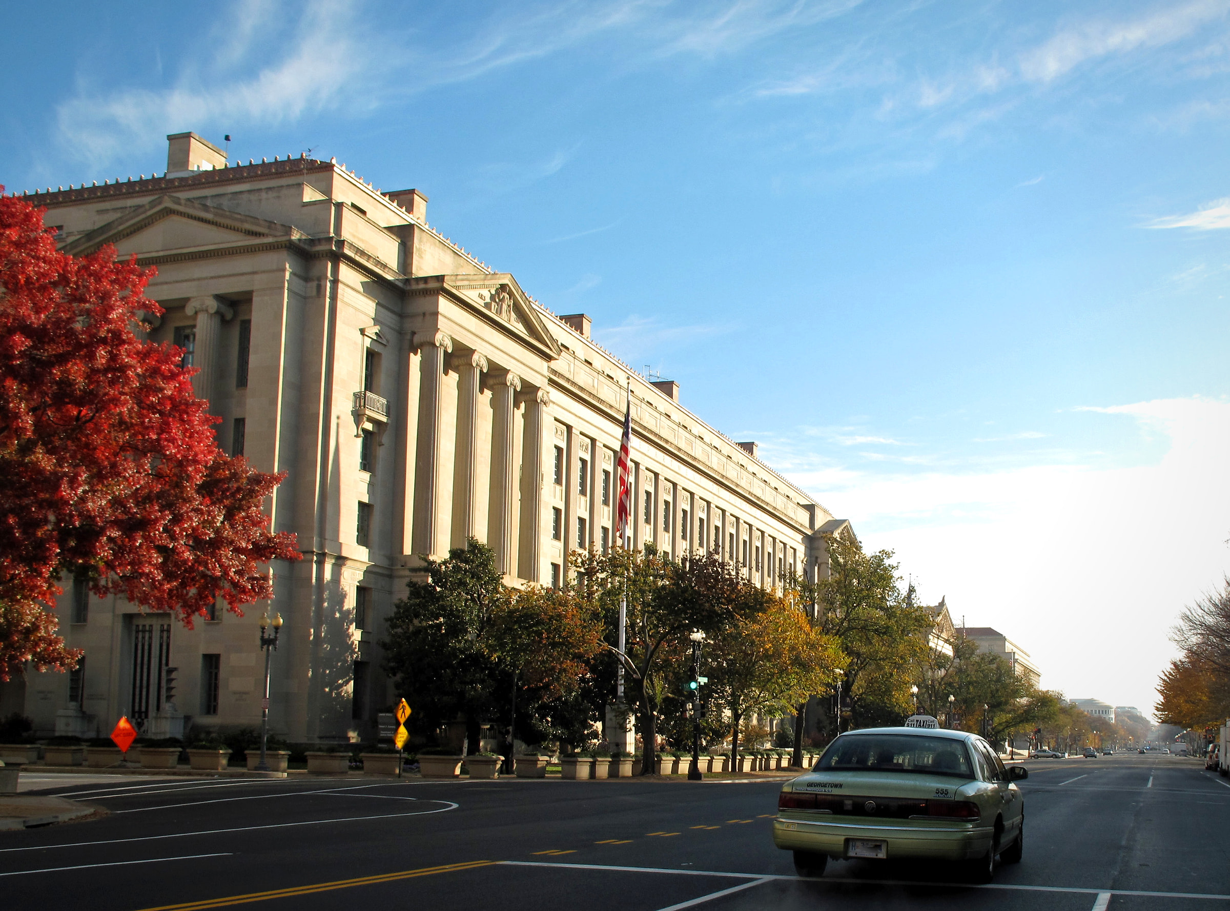 US Department of Justice building with road